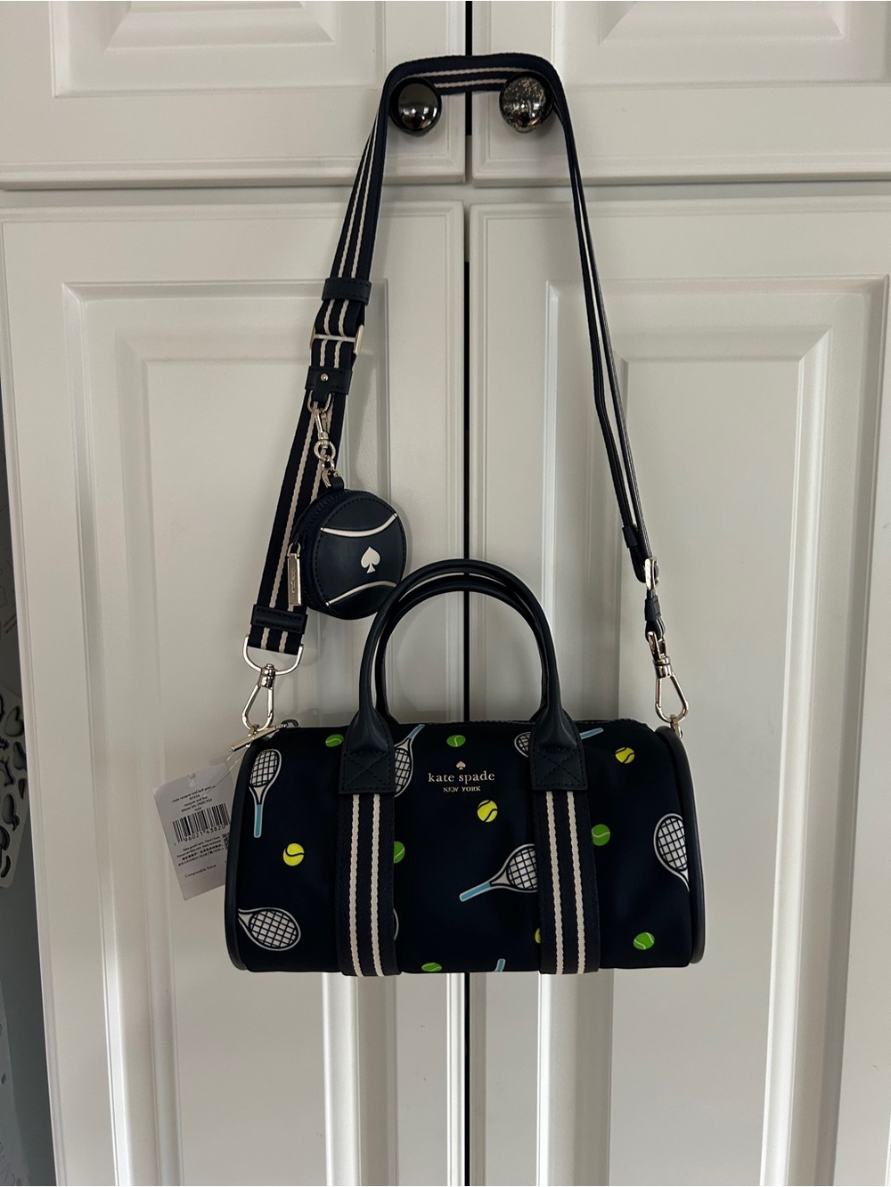kate spade navy tennis print crossbody satchel with green and yellow accents